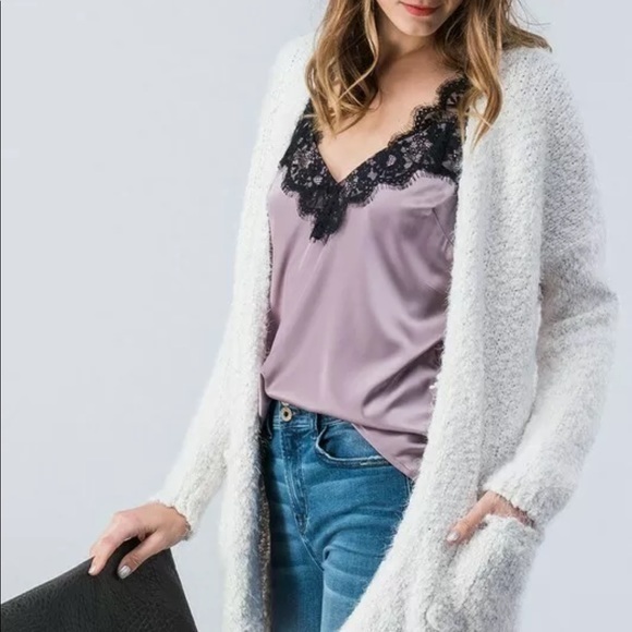 Black Eyelash Lace Silky Satin Relaxed Cami - Picture 5 of 7